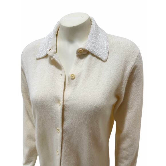 Ralph Lauren Wool Cashmere Button Sweater Beaded Collar Vintage Minimal Medium - Picture 1 of 9